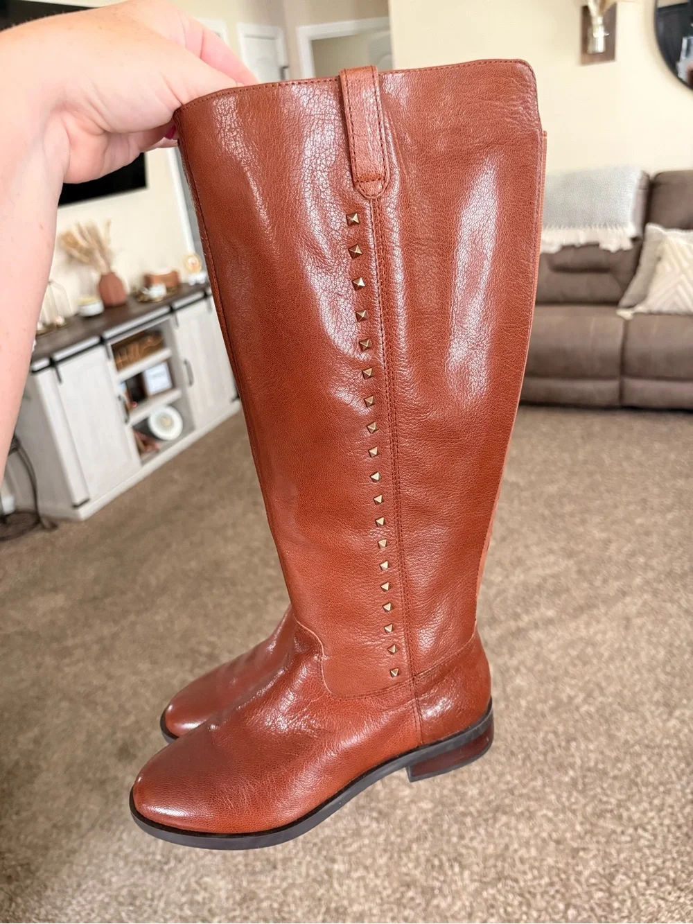Marc Fisher Women's Tall Stud-Detail Riding Boots in Cognac